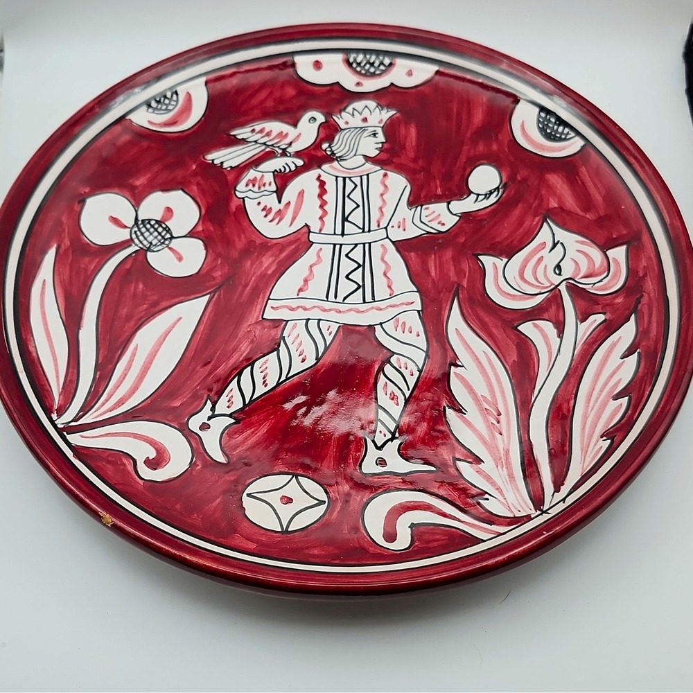 VTG Deruta Italy Hand Painted Majolica Plate Red Sgraffito Figural Renaissance